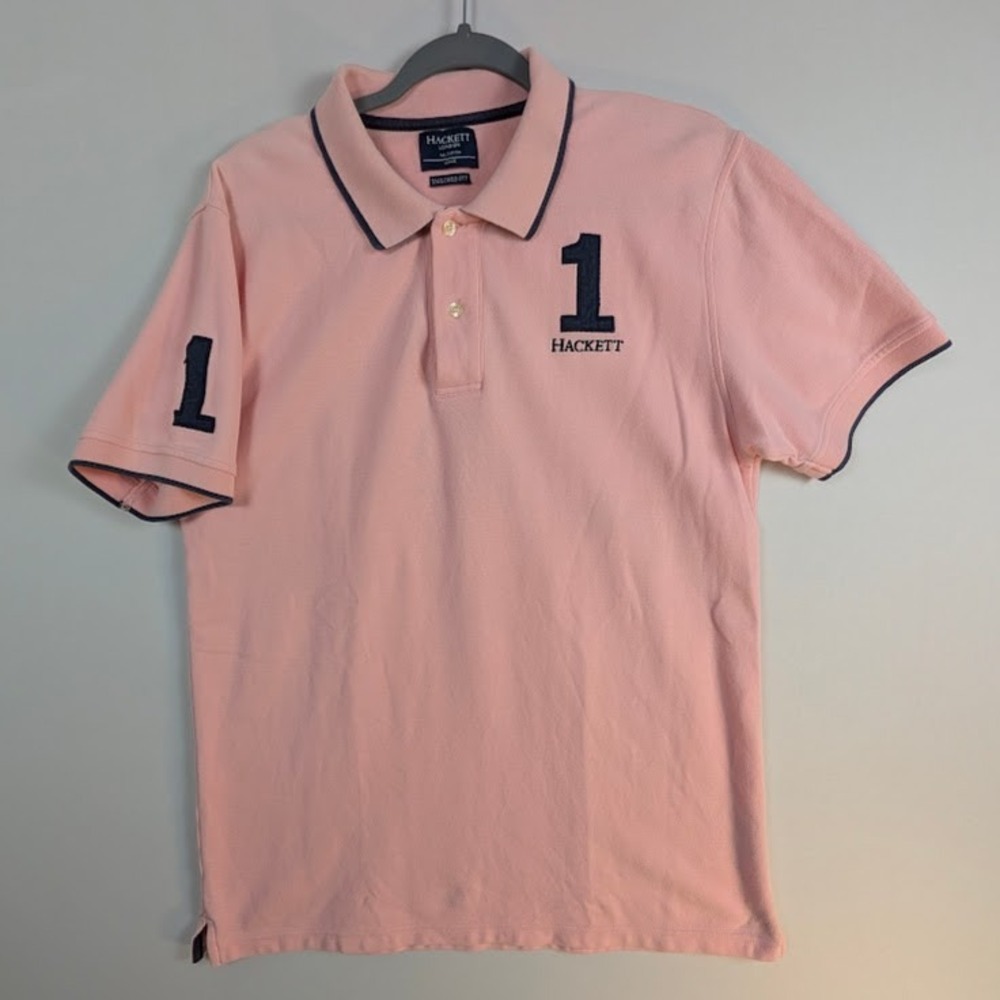 Hackett London Polo Shirt Mens L 40" Pink Navy Tailored Fit Embroidered Rugby #1